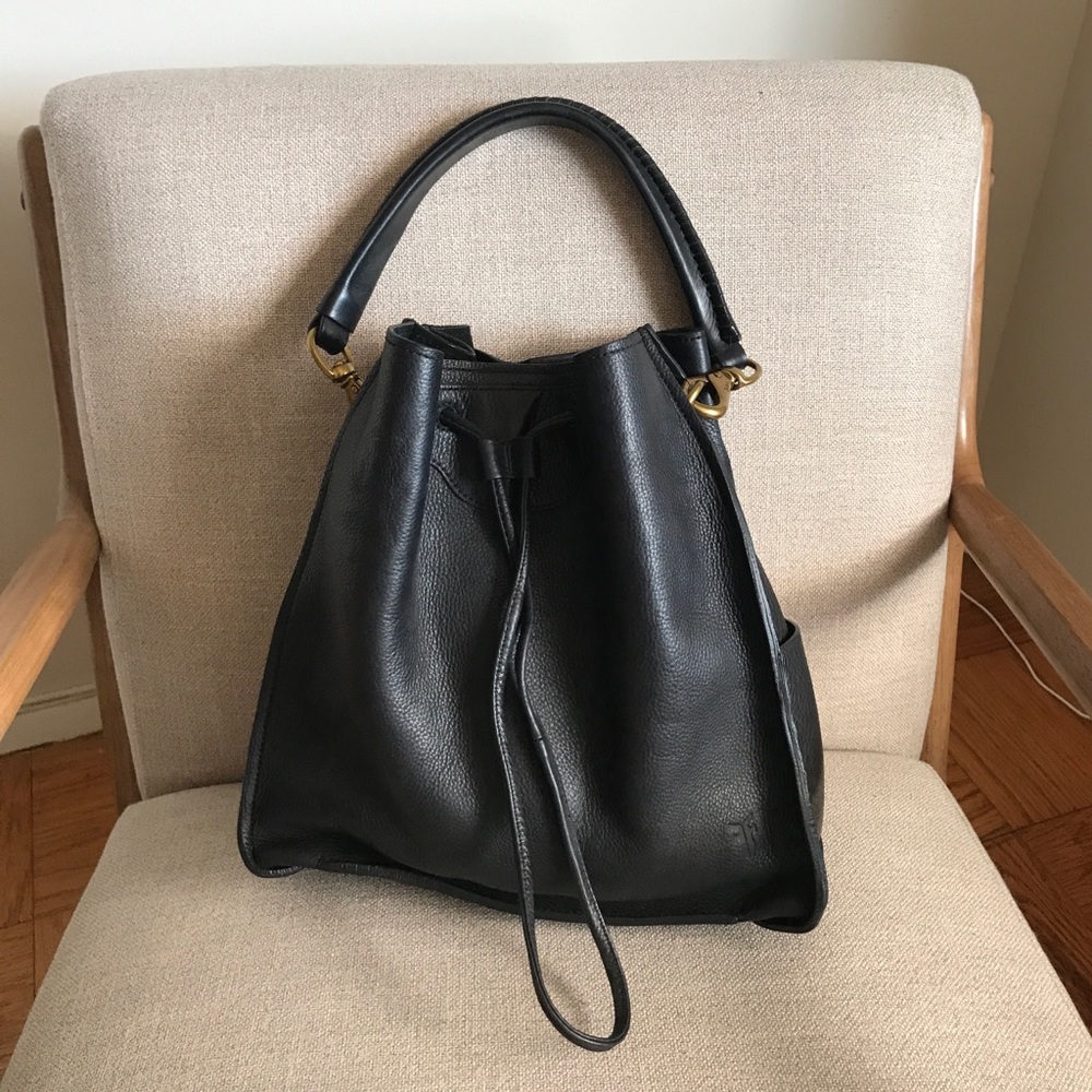 Frye Black Leather Hobo Shoulder Bag with Gold Hardware